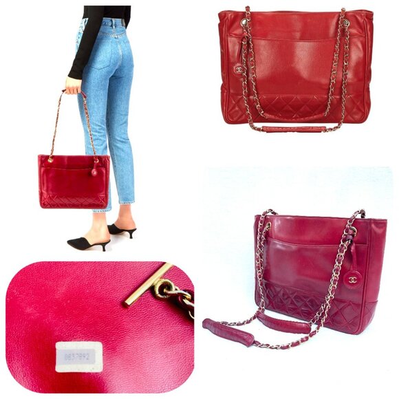CHANEL Handbags - Chanel vintage red quilted Lambskin 24K chain/CC Logo charm tote shoulder bag
